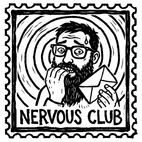 Nervous Club stamp logo — a nervous person biting a nail, holding an envelope