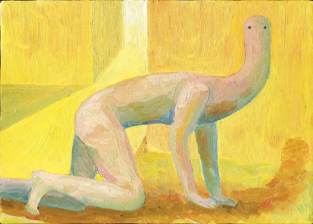 An oil painting of a nude figure with a worm for a head, crawling across a yellow room